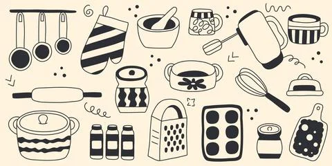 Hand drawn set of kitchen utensils for cooking Stock Illustration