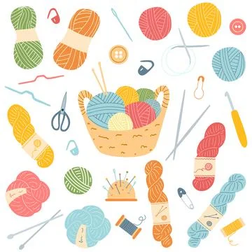 Hand drawn set of knitting accessories. Vector illustration of yarn, pins, bu Stock Illustration