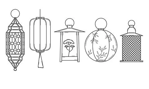 Hand drawn set of lanterns. Oriental, Asian lanterns with ornaments. Outline Stock Illustration