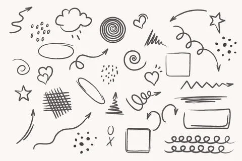 Hand drawn set of lines, arrows, elements. Hand drawn circle, cloud, speech 스톡 일러스트