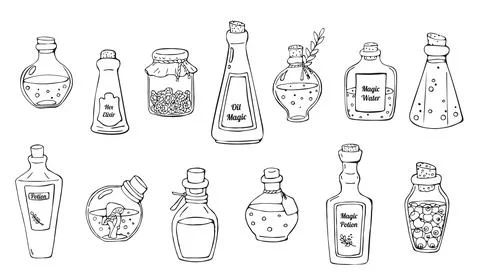 Hand Drawn Set of Magic Potion Bottles and Jars with Labels Line Art Doodle.. Stock Illustration