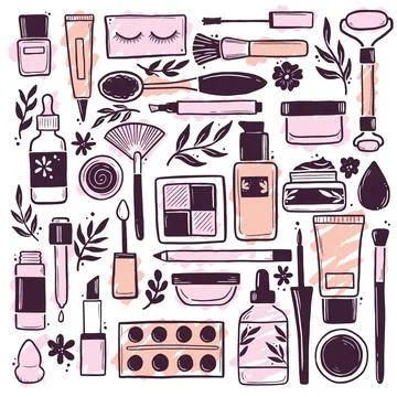 Hand drawn set of makeup beauty cosmetic elements Stock Illustration