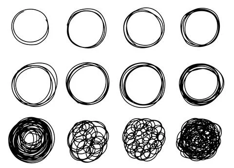 Hand drawn set of messy circles and scribble lines, isolated on white background イラスト素材