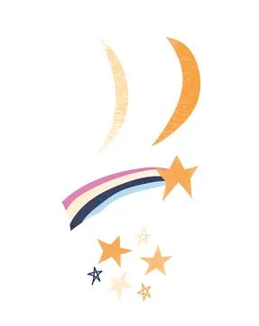 Hand drawn set of moon and stars with texture. Modern vector illustration iso Stock Illustration