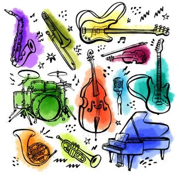Hand drawn set of music instruments. Ink style vector illustration Stock Illustration