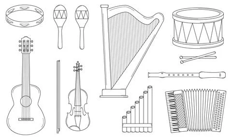Hand drawn set of musical instruments. String, wind and percussion instruments Stock Illustration