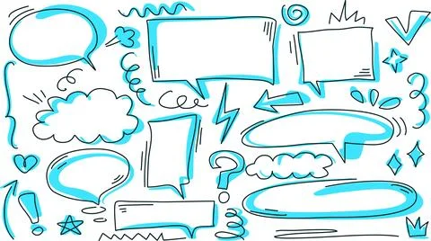 Hand drawn set of notes, arrows, lines, highlights, signs, and symbols with blue Illustrazione stock