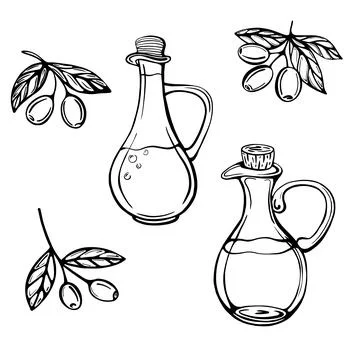 A hand-drawn set of olive branches and olive oil bottles isolated on a white Stock Illustration