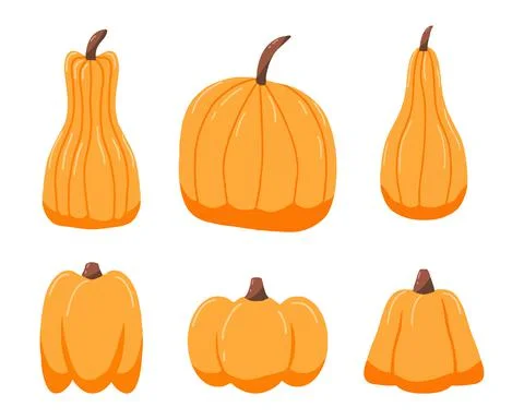 Hand-drawn set of orange pumpkins. Pumpkin icons. Stock Illustration