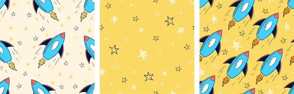 Hand drawn set of rocket patterns on yellow background for creative kids design Illustrazione stock