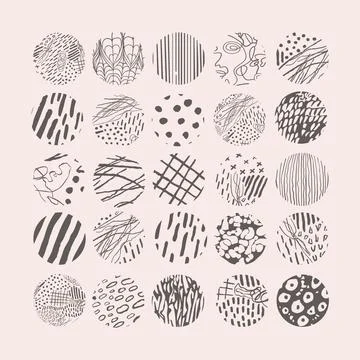 Hand drawn set with round isolated abstract black patterns or backgrounds Stock Illustration