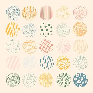 Hand drawn set with round isolated abstract colorful patterns or backgrounds Stock Illustration
