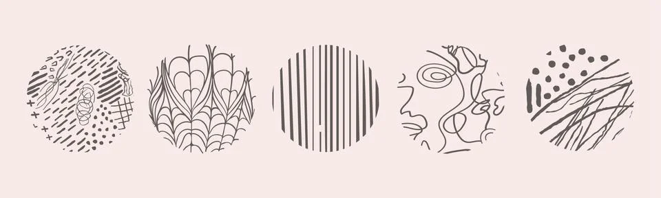 Hand drawn set with round isolated abstract black patterns or backgrounds Stock Illustration