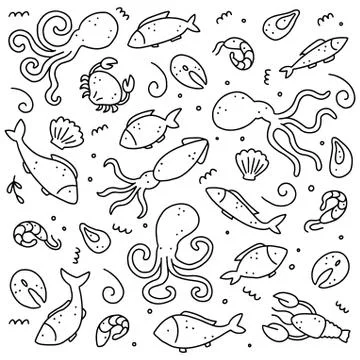 Hand drawn set of seafood elements. Doodle style vector illustration. Stock Illustration