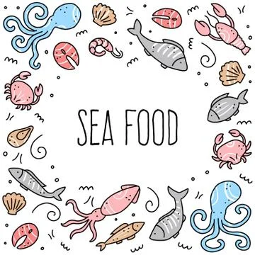 Hand drawn set of seafood elements. Doodle style vector illustration. Stock Illustration