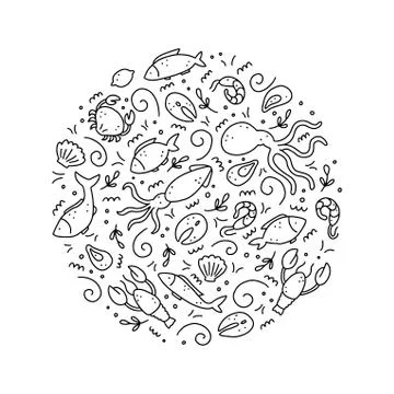 Hand drawn set of seafood elements. Doodle style vector illustration. Illustrazione stock