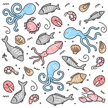 Hand drawn set of seafood elements. Doodle style vector illustration. Stock Illustration