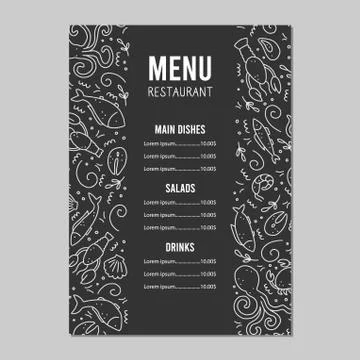 Hand drawn set of seafood elements. Doodle style vector illustration. Stock Illustration