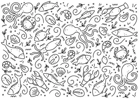 Hand drawn set of seafood elements. Doodle style vector illustration. Stock Illustration