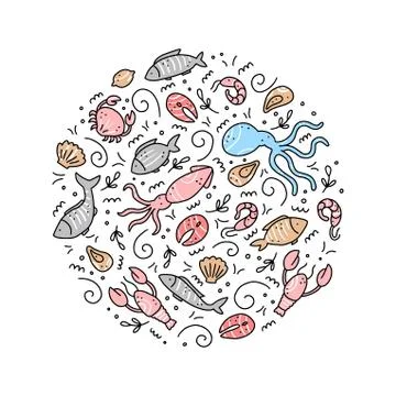 Hand drawn set of seafood elements. Doodle style vector illustration. Stock Illustration