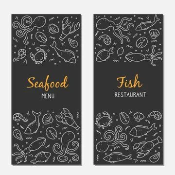 Hand drawn set of seafood elements. Doodle style vector illustration. Stock Illustration