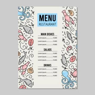 Hand drawn set of seafood elements. Doodle style vector illustration. Stock Illustration