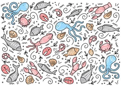 Hand drawn set of seafood elements. Doodle style vector illustration. Stock Illustration