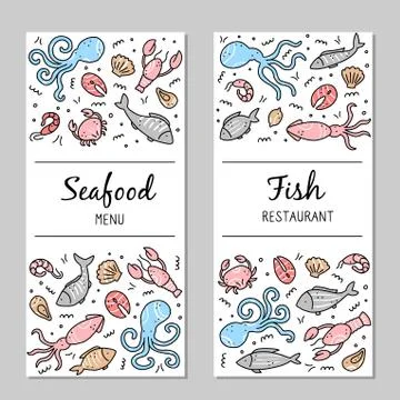 Hand drawn set of seafood elements. Doodle style vector illustration. Stockillustratie