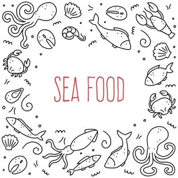 Hand drawn set of seafood elements. Doodle style vector illustration. Stockillustratie