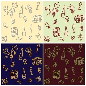Hand drawn Set of seamless patterns of grapes, wine bottles, gla Stock Illustration