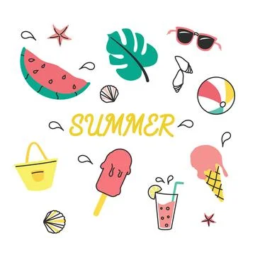 Hand drawn set of simple colored icons with summer elements. A collection of Stock Illustration