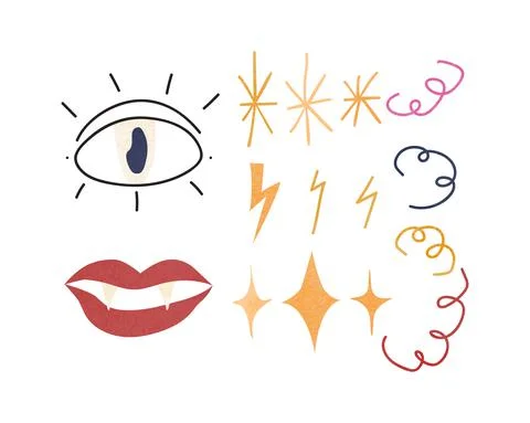 Hand drawn set of simple elements. Eye and lips in doodle style. Trendy vecto Stock Illustration