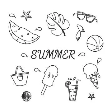 Hand drawn set of simple icons with summer elements. Collection of cartoon icons Stock Illustration