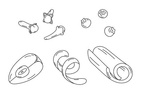 Hand drawn set of spices for mulled wine. Cinnamon stick, cloves and allspice Stock Illustration