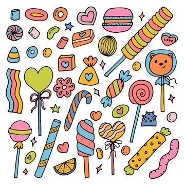 Hand drawn set of sweets and candies. Desserts, chocolate, macaroons, marsh.. Stock Illustration