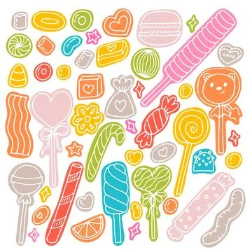 Hand drawn set of sweets and candies. Desserts, chocolate, macaroons, marsh.. Stock Illustration