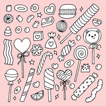 Hand drawn set of sweets and candies. Desserts, chocolate, macaroons, marsh.. Stock Illustration