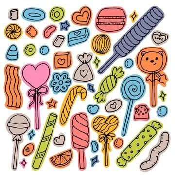 Hand drawn set of sweets and candies. Desserts, chocolate, macaroons, marsh.. Stock Illustration