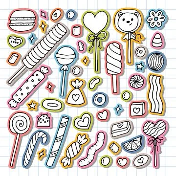 Hand drawn set of sweets and candies. Desserts, chocolate, macaroons, marsh.. Stock Illustration