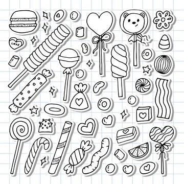 Hand drawn set of sweets and candies. Desserts, chocolate, macaroons, marsh.. Stock Illustration