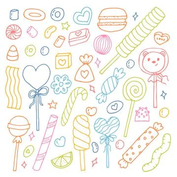 Hand drawn set of sweets and candies. Desserts, chocolate, macaroons, marsh.. Stock Illustration