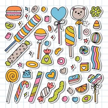 Hand drawn set of sweets and candies. Desserts, chocolate, macaroons, marsh.. Stock Illustration
