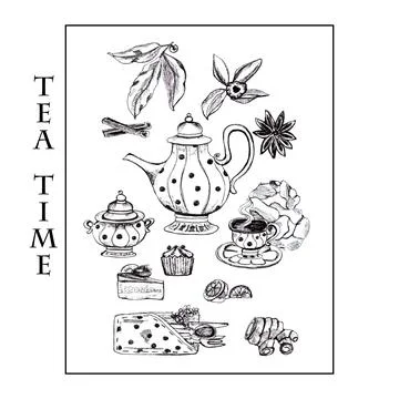 Hand drawn set of tea collection elements in graphic style, isolated on white Stock Illustration