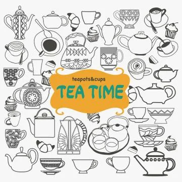 Hand drawn set of tea objects on white background. Stock Illustration