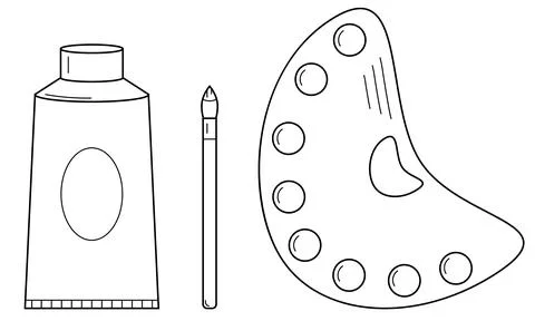 Hand drawn set of tools for painting. Palette with paints, brush, tube Stock Illustration