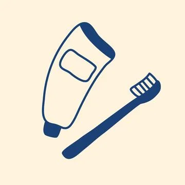 Hand drawn set of toothpaste and toothbrush Stock Illustration