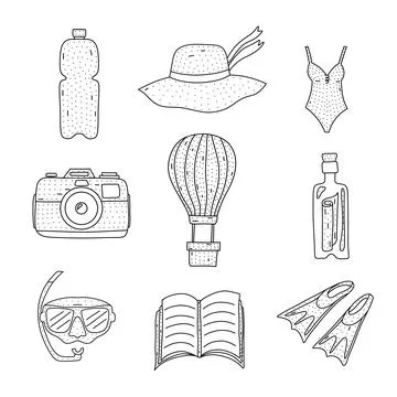 Hand drawn set of travel elements in Doodle sketch style. T Illustration for Stock Illustration