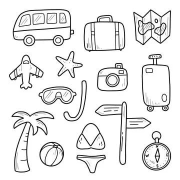 Hand drawn set of travel summer vacation Stock Illustration