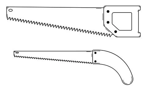 Hand drawn set of two hacksaws. Tool for cutting wood. Doodle style. Vector Stock Illustration