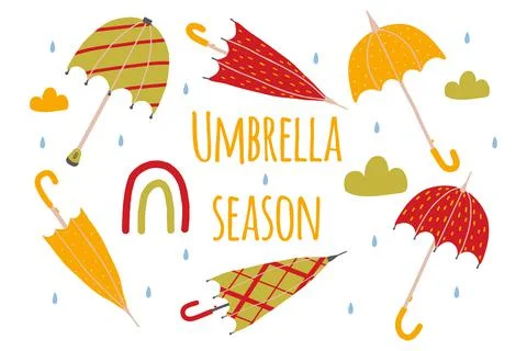 Hand-drawn set of umbrellas. Stock Illustration